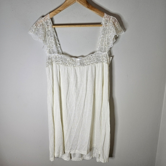 Eberjey Short Nightgown Chemise Lace Angel Sleeves Rayon Satin Cream Ivory L - Picture 2 of 4